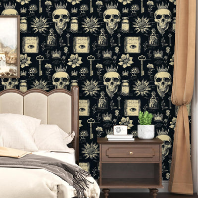 Papel tapiz calavera gótica bruja beige negro autoadhesivo