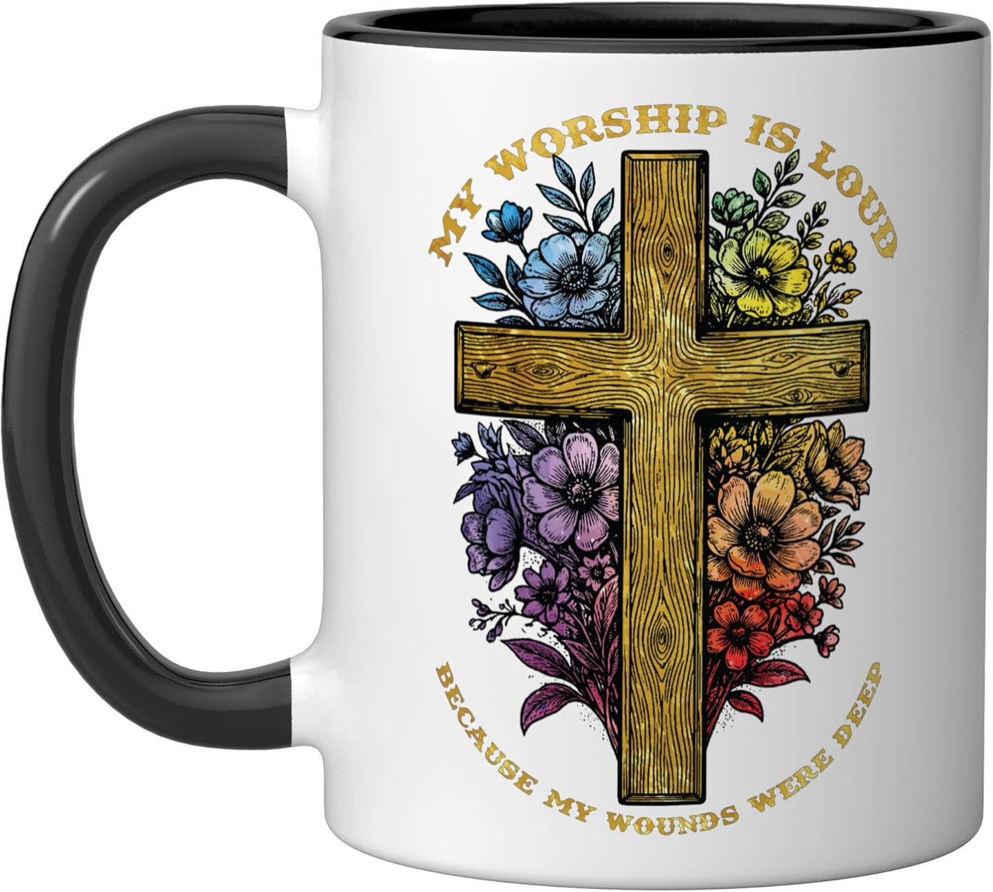 Taza Cerámica Floral Cristiana Negro/Blanco