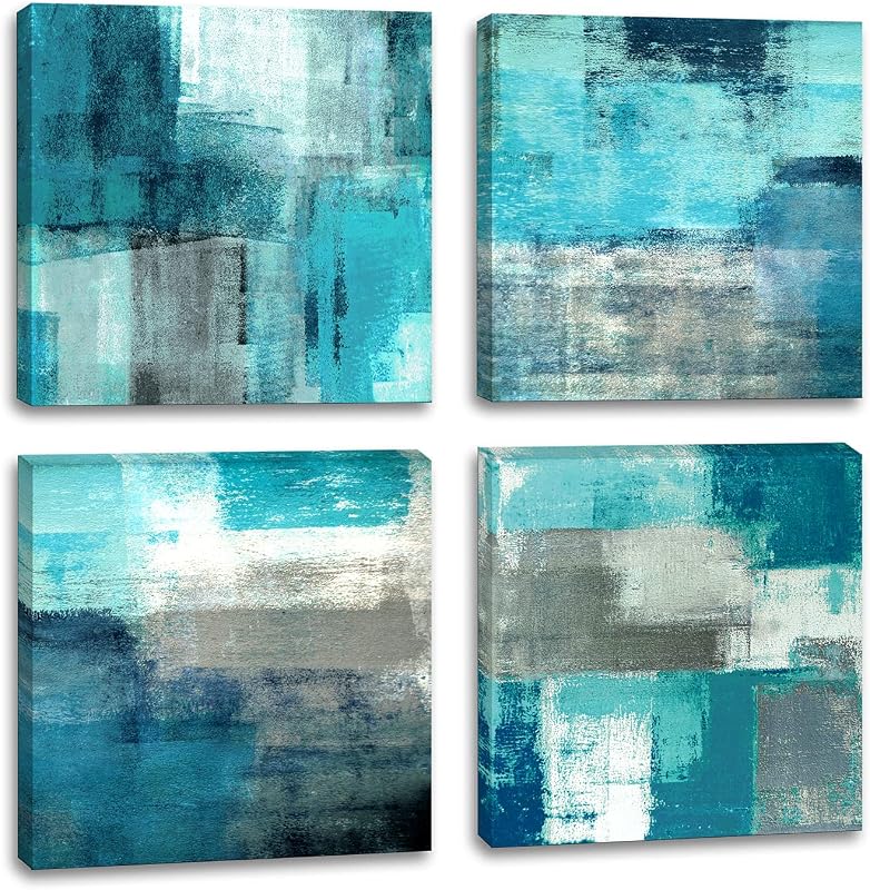 4 Pzas Lienzo Abstracto Turquesa y Gris 12x12pulg