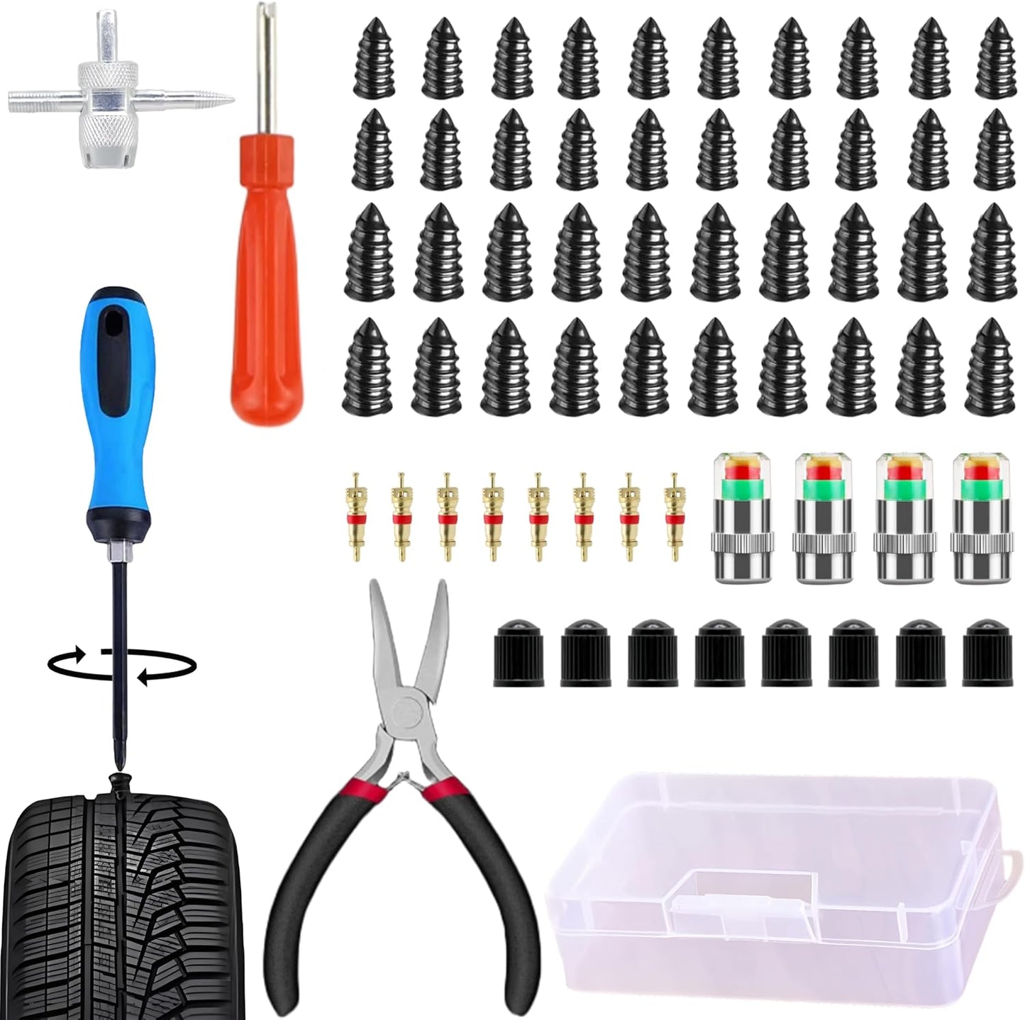 Kit reparación neumáticos 64 pzas con clavos y manómetro