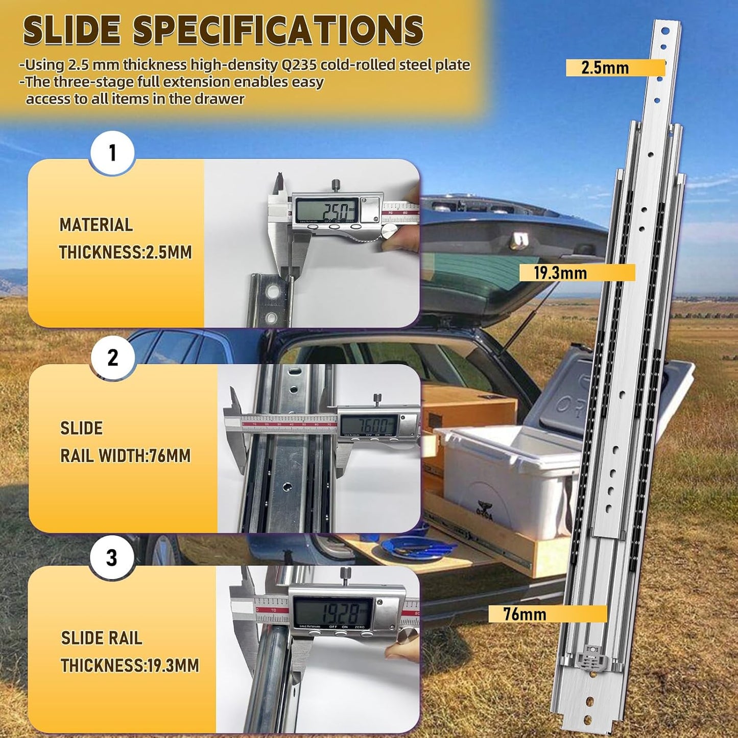Rieles deslizantes para cajones 500lb pulg rodamiento bolas