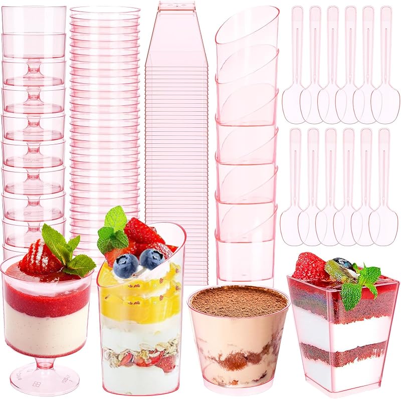 300 Tazas Postre Plástico 3-5oz Rosadas con Cucharas