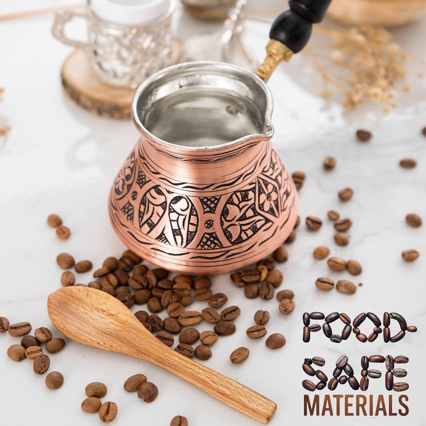 Cafetera Turca de Cobre 12oz con Mango Madera 4 Tazas