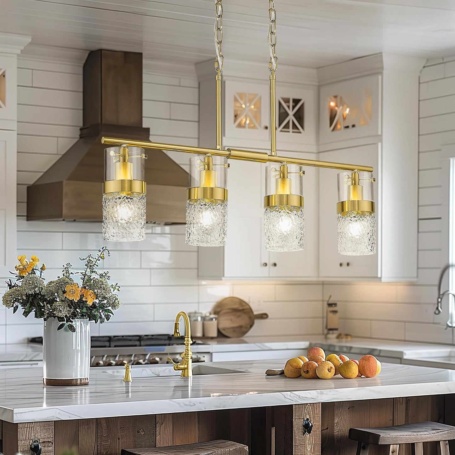 Lámpara colgante isla 4 luces dorada cepillada cocina