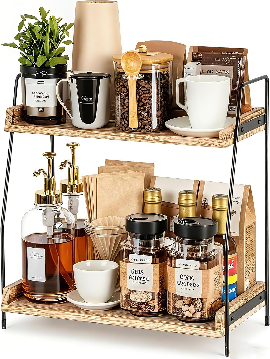 Organiz. barra café madera 2 niveles estante cocina