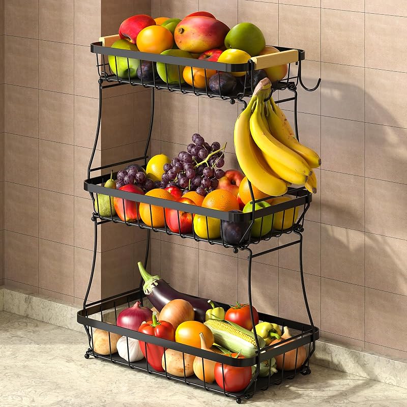 Cesta frutas 3 niveles encimera cocina con ganchos y cuenco metal