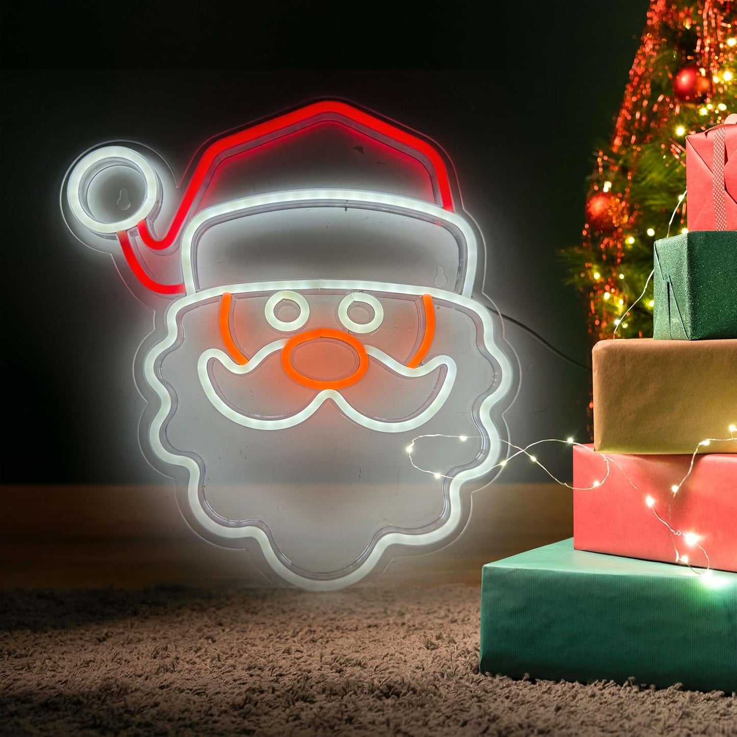 Letrero neón Papá Noel LED rojo y blanco con USB para bar