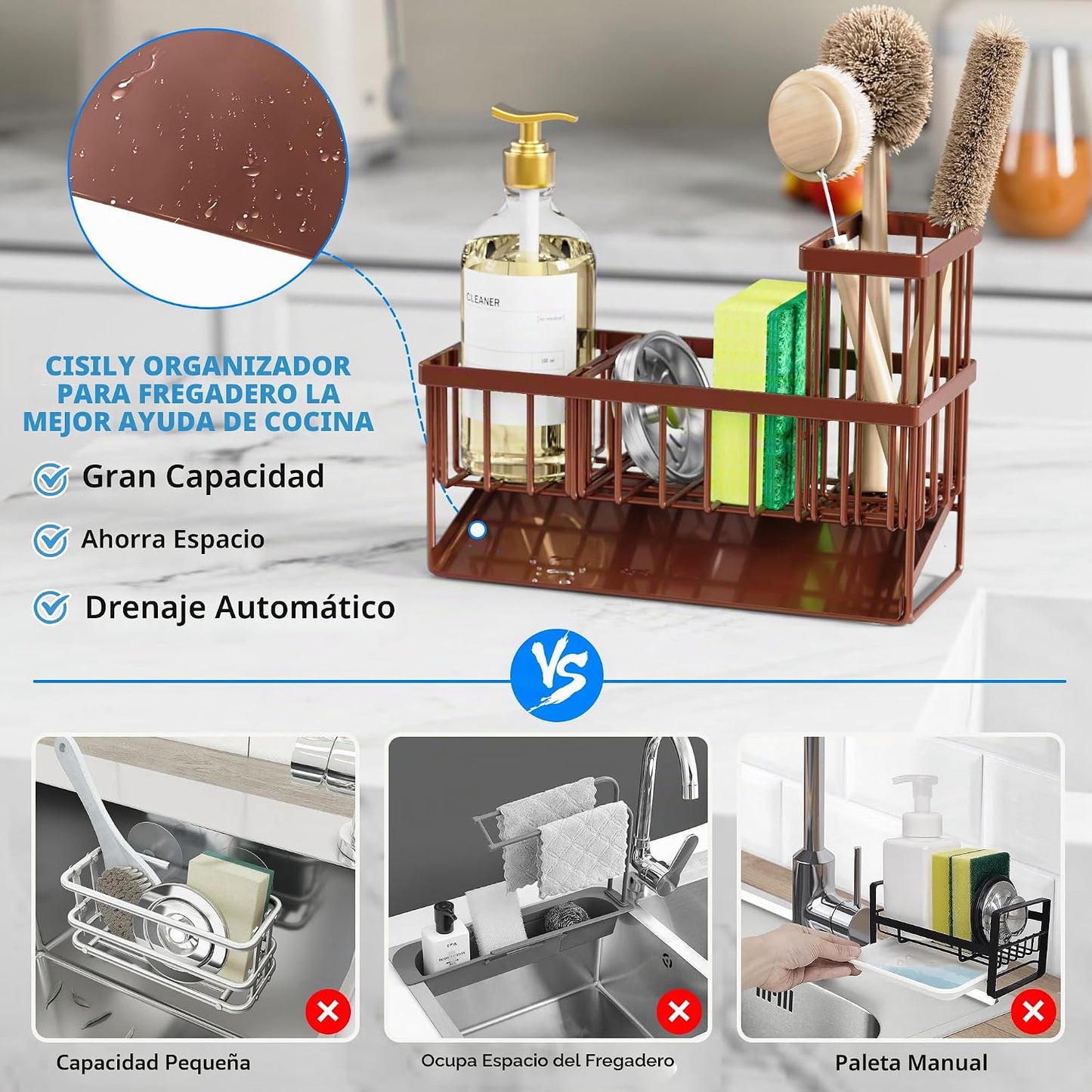 Organiz. fregadero acero inox 304 soporte cepillos marrón