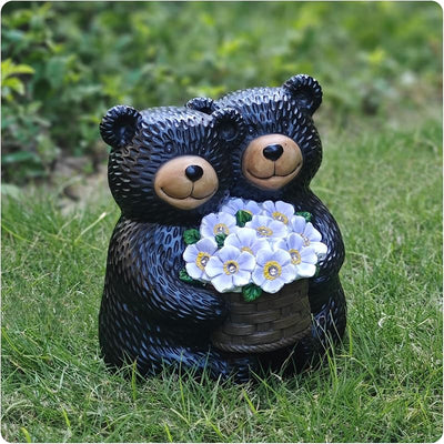 Estatuas oso negro jardín con luces LED moradas
