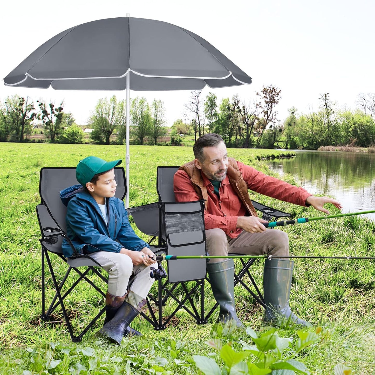 Silla campamento doble plegable con paraguas y portavasos