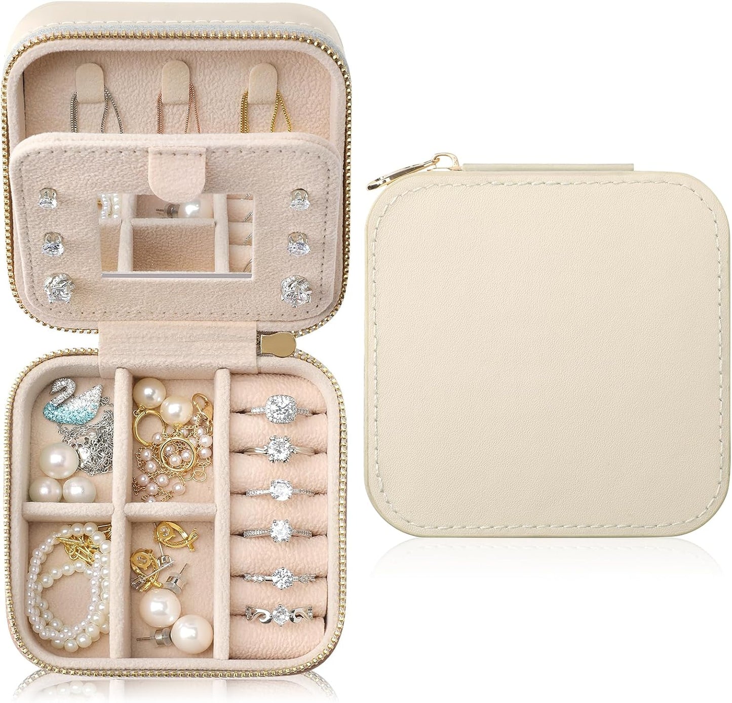 Estuche joyería cuero genuino con espejo para mujer beige