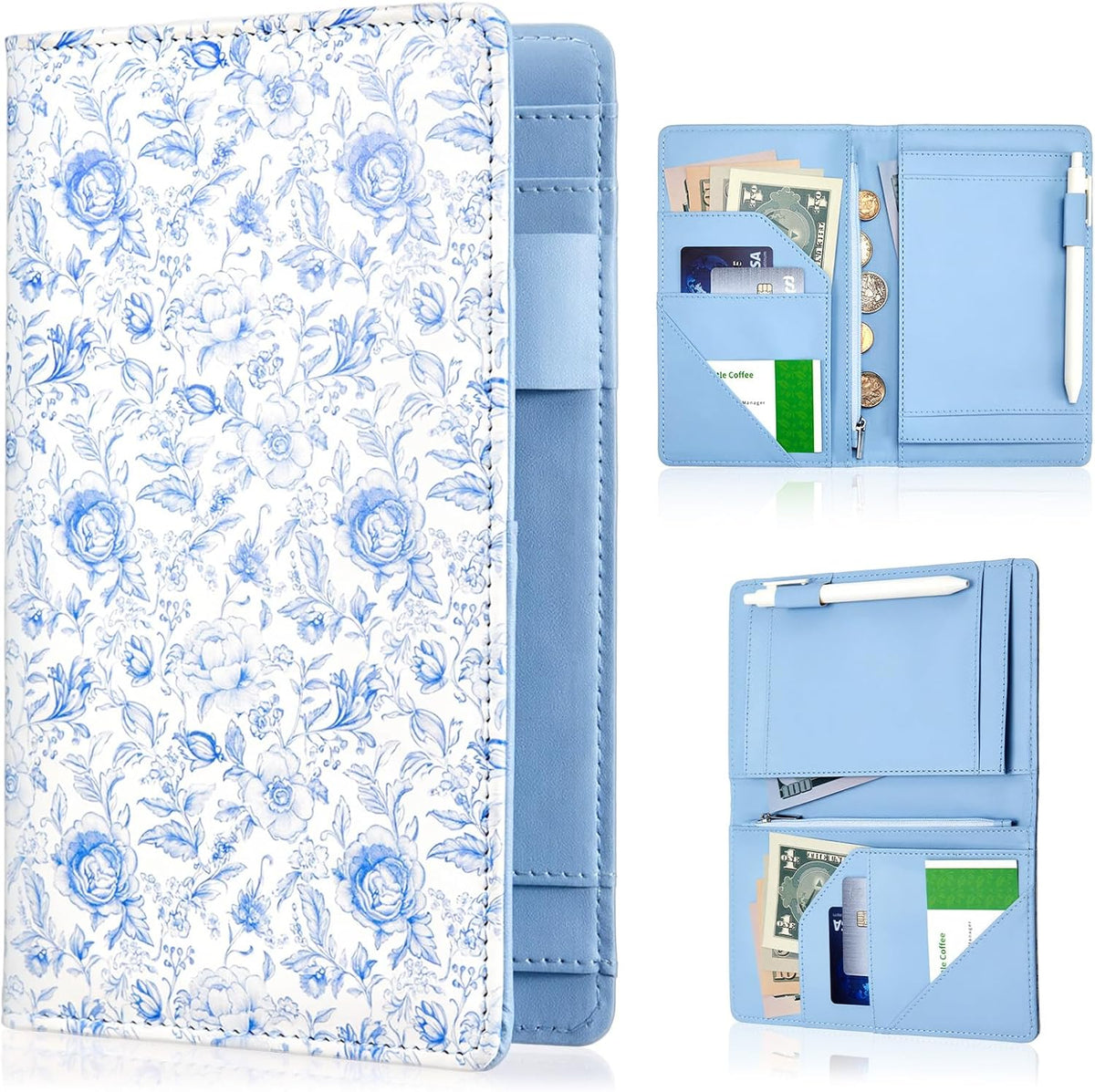 Libro floral para camarera Glenmal con cremallera y bolsillos azules de cuero