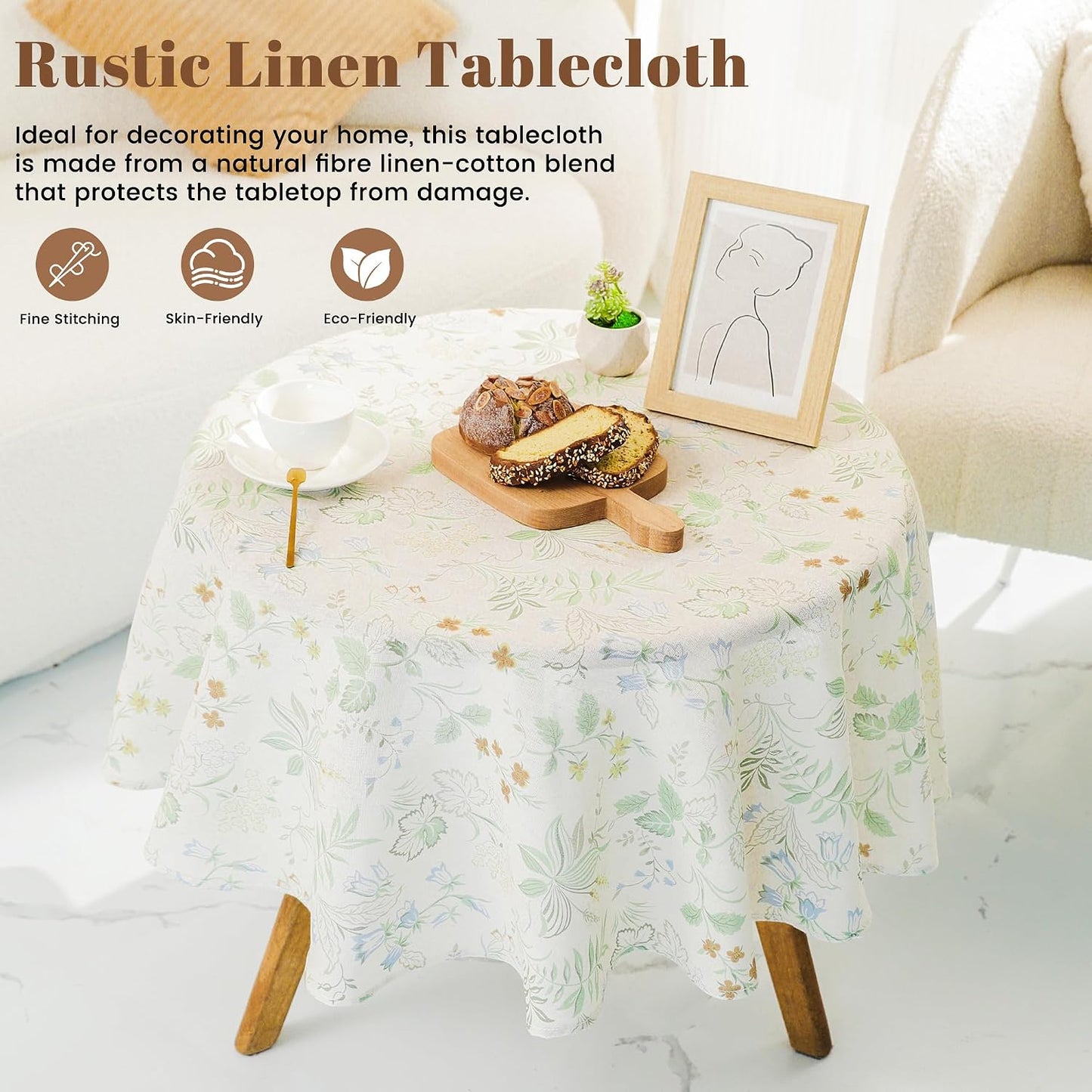Mantel Lino Estilo Granja Flores Verdes 55pulg Redondo
