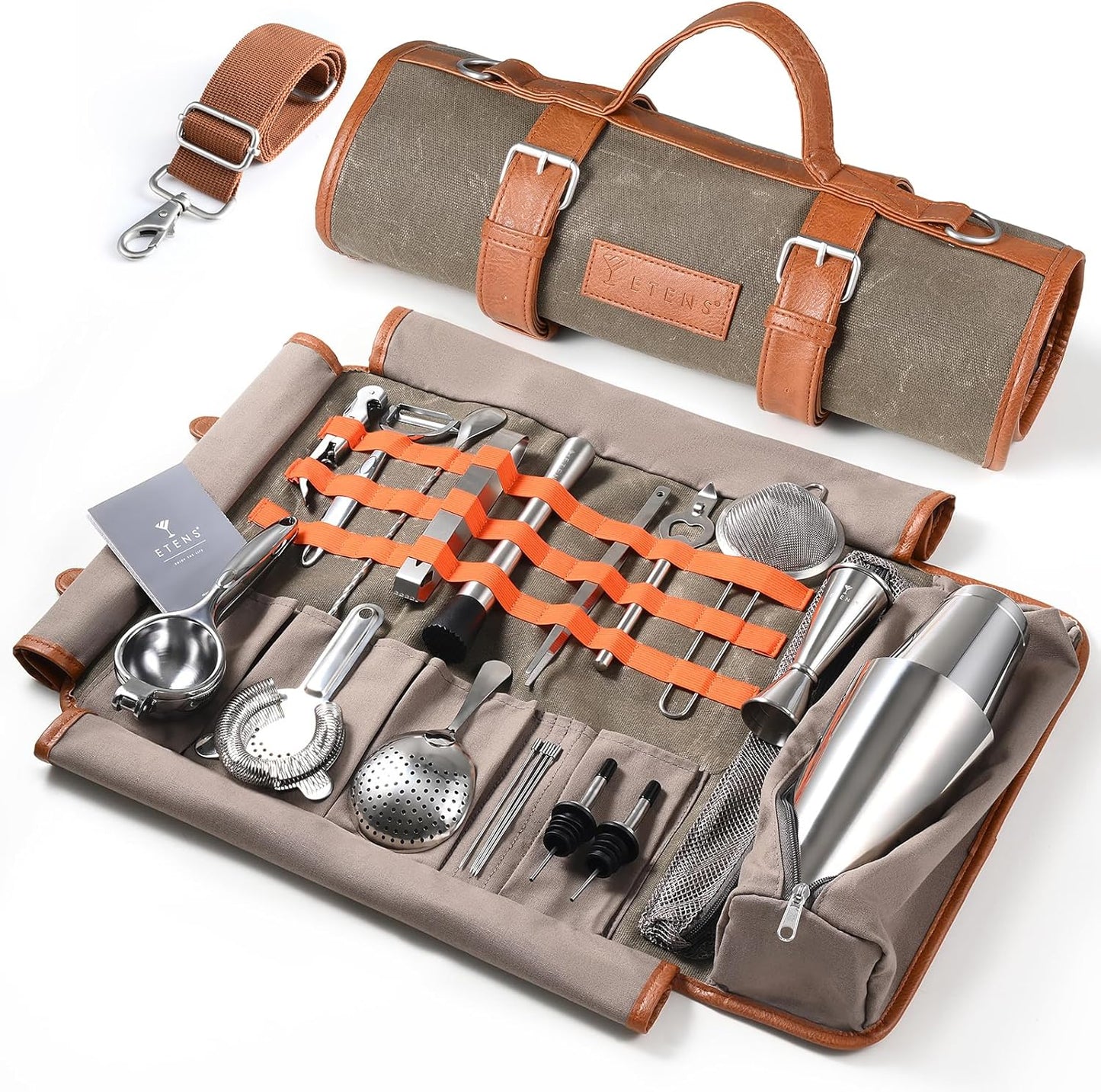 Kit Barman Viaje 22 Pzas Herramientas Acero Lona Encerada