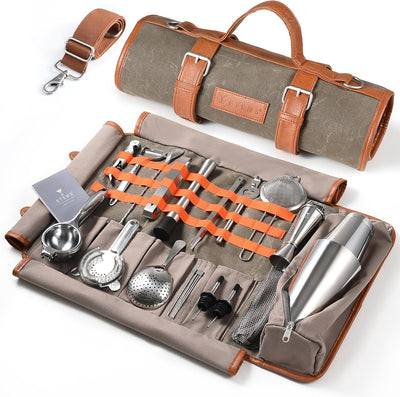Kit Barman Viaje 22 Pzas Herramientas Acero Lona Encerada