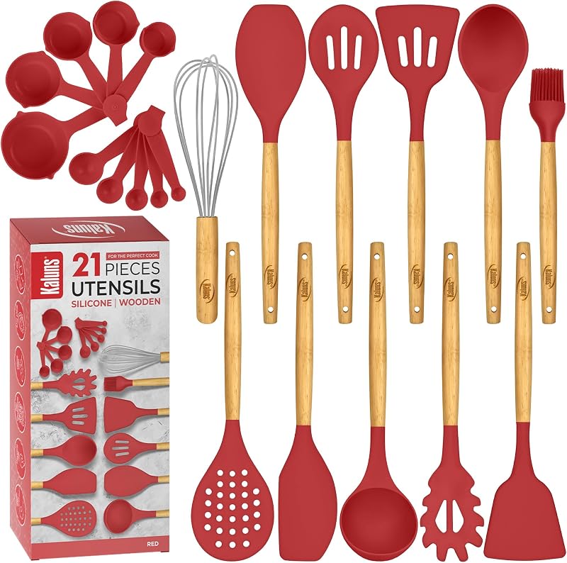 Set 21 Utensilios Cocina Madera y Silicón Antiadherente