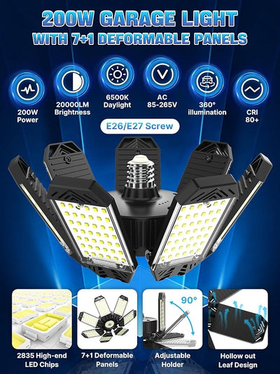 4 Luz LED Garaje 200W 7 Paneles Ajustables E26/E27