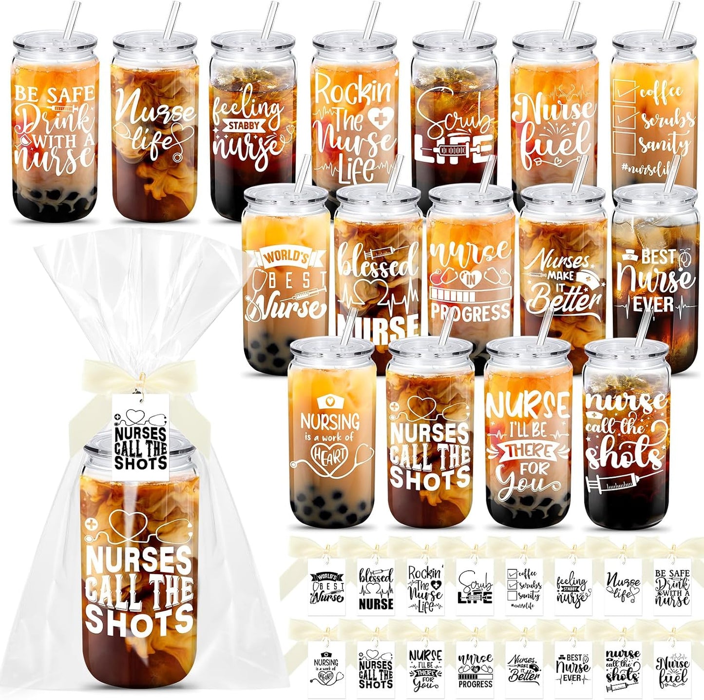 Set 16 regalos enfermera con vasos 16oz, pajitas y tarjetas
