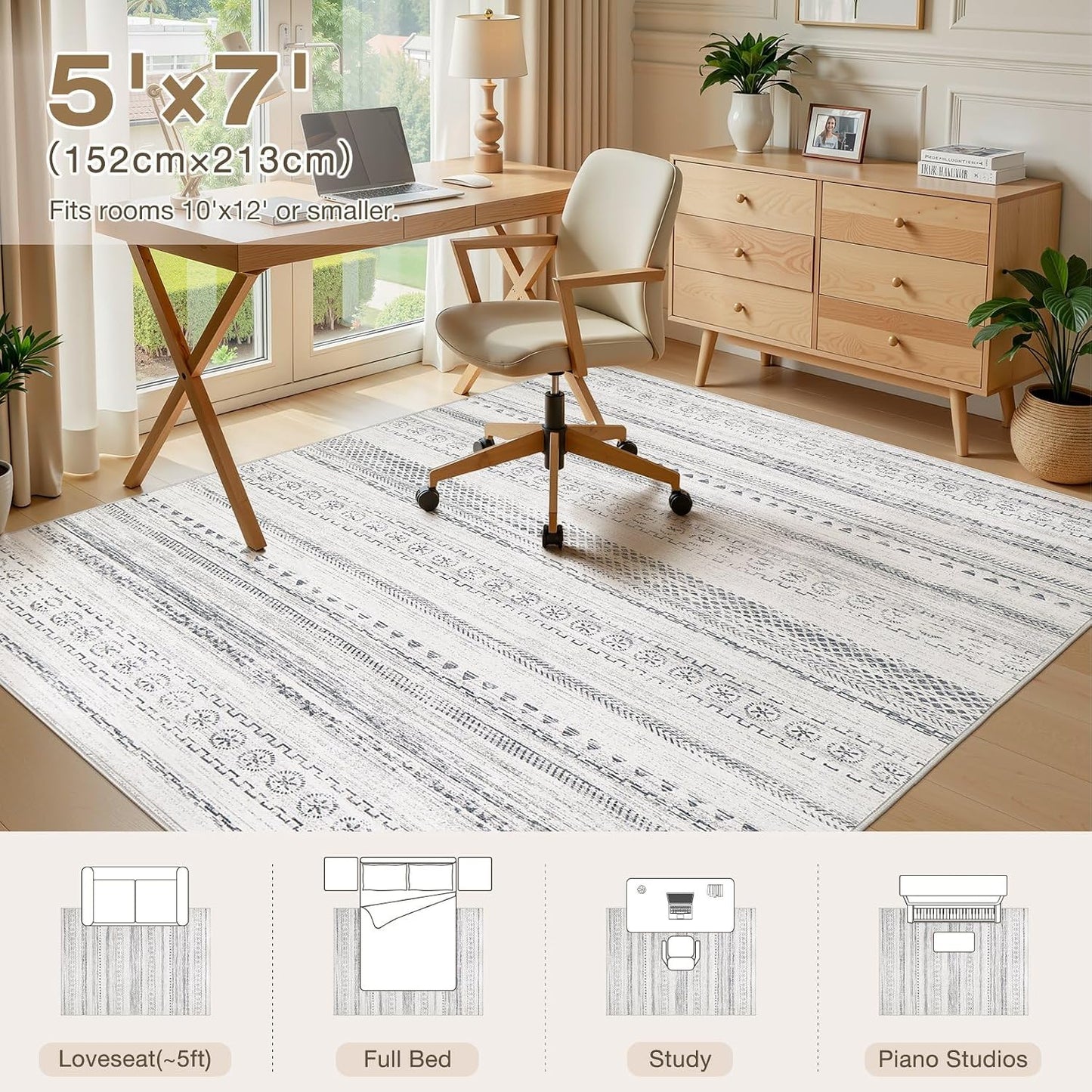 Alfombra lavable 5x7pulg antiderrap gris geométrica