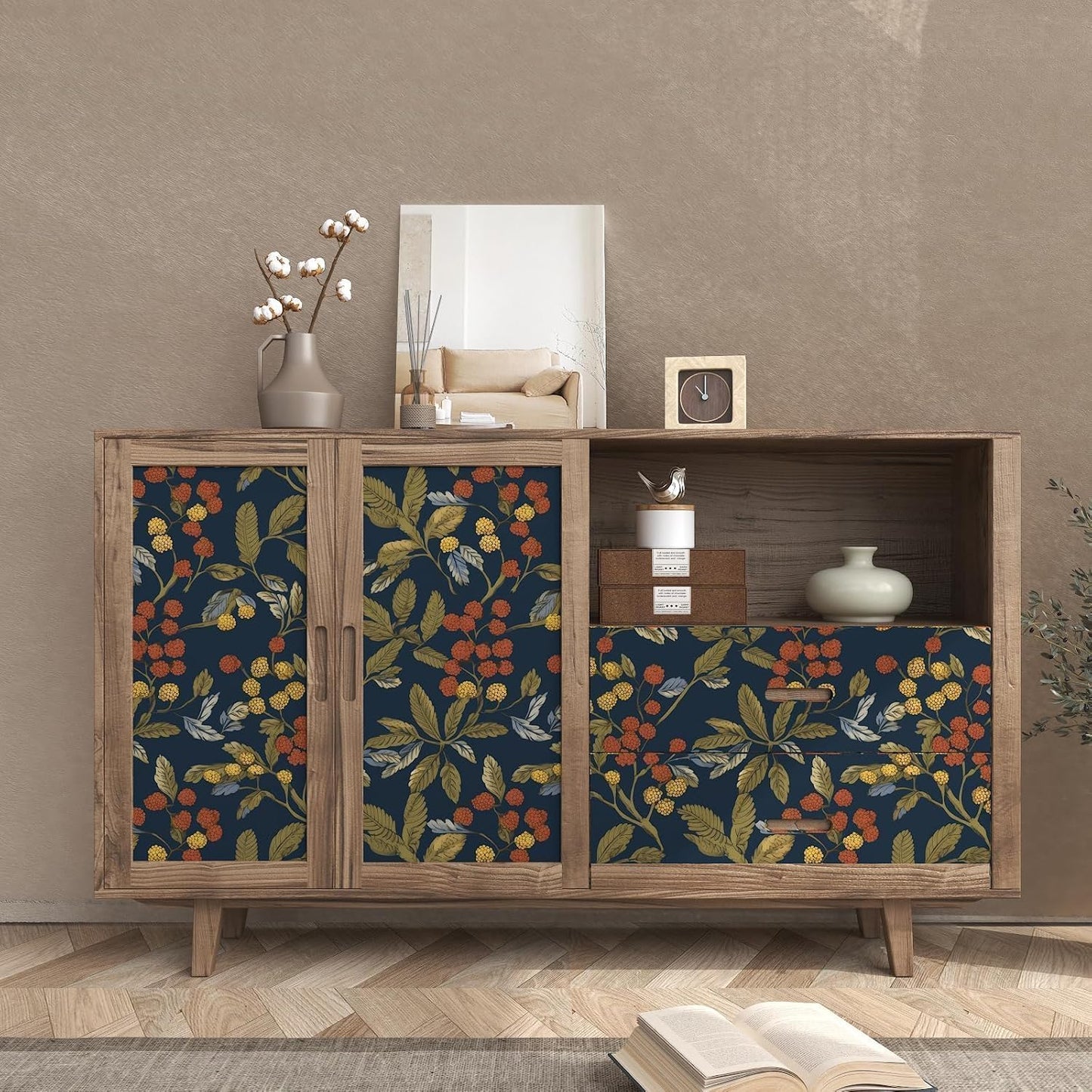 Papel tapiz autoadhesivo floral azul marino 17.5x393.7pulg