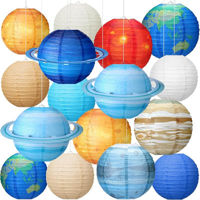 16 Linternas papel globo faroles colgantes fiesta espacial azul
