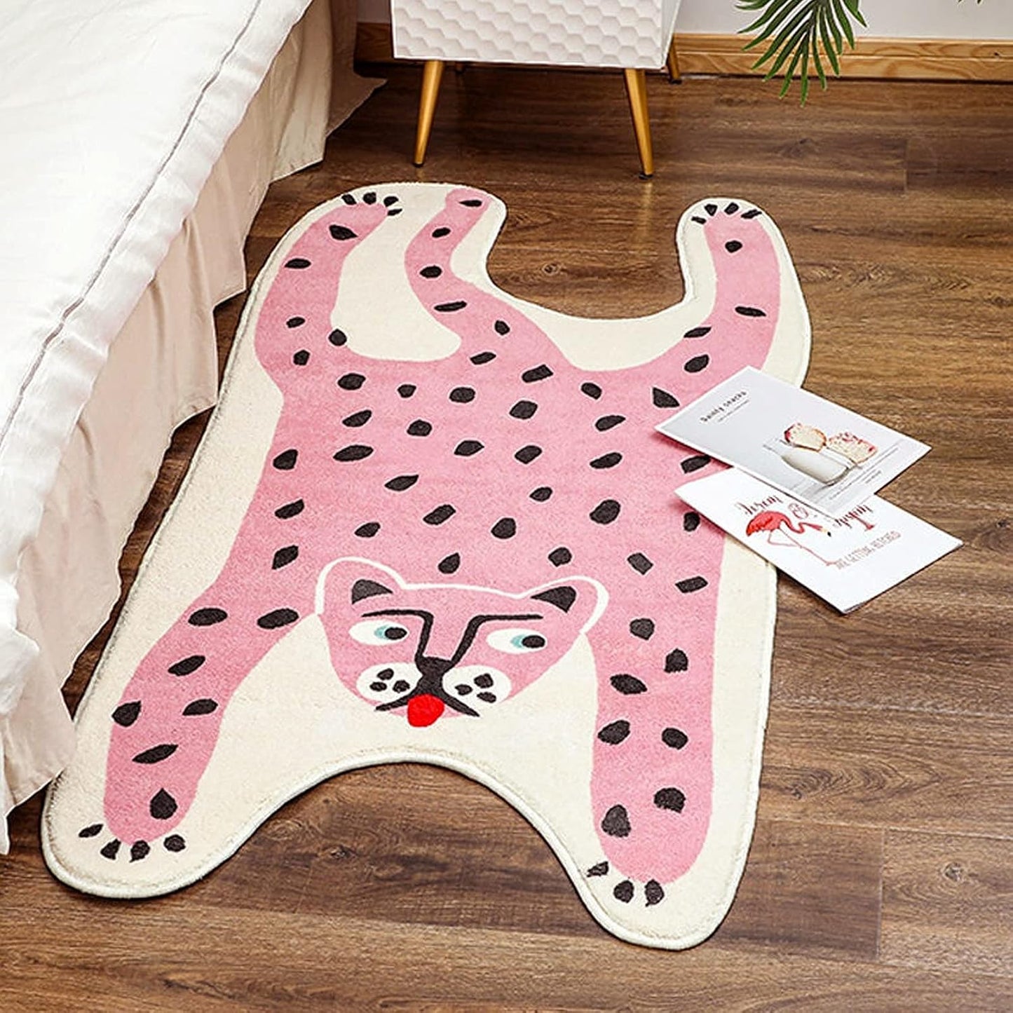 Tapete sala set forma leopardo antiderrap rosa