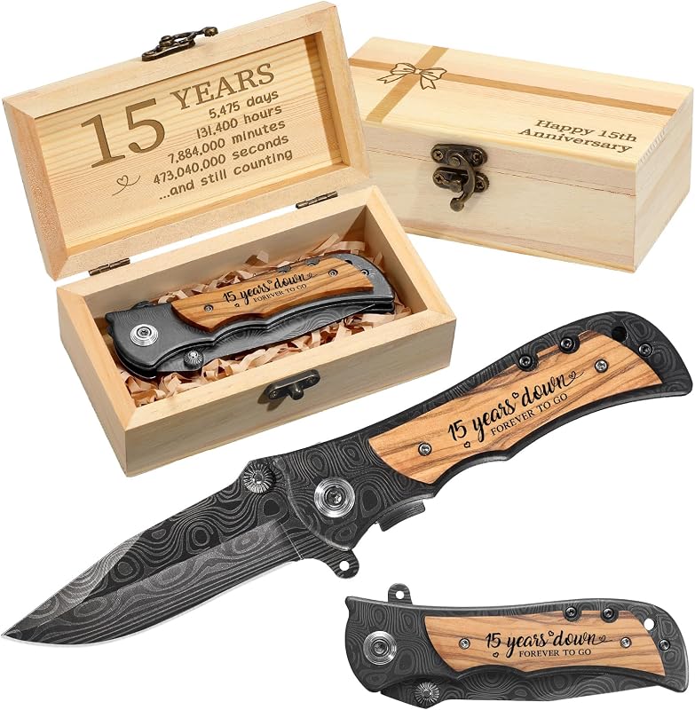 Cuchillo de bolsillo grabado con caja de regalo aniversario 15 años