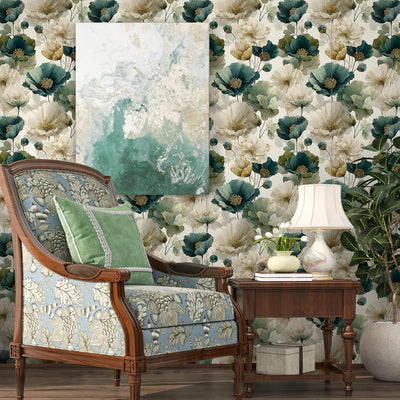 Papel tapiz floral verde diseño pétalos loto bohemio impermeable