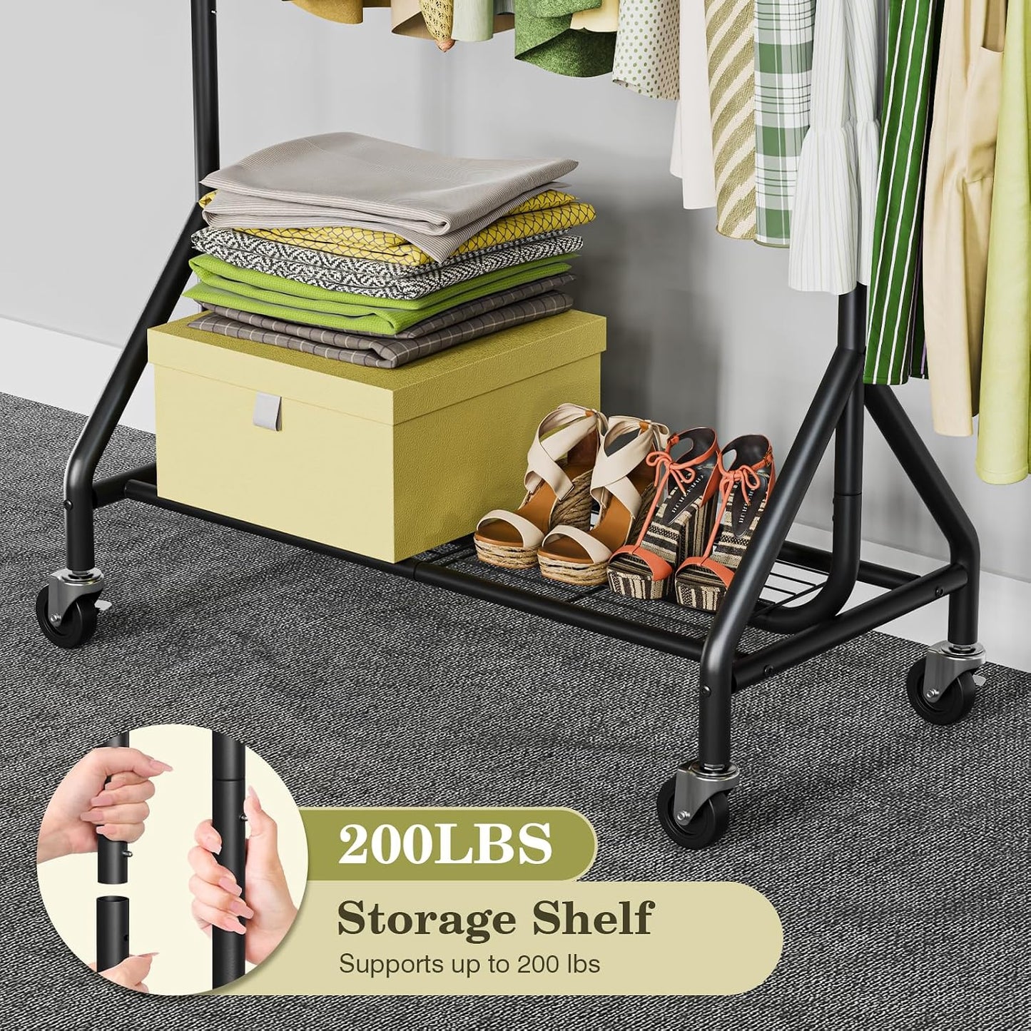 Estante para ropa metal negro 450lbs con ruedas