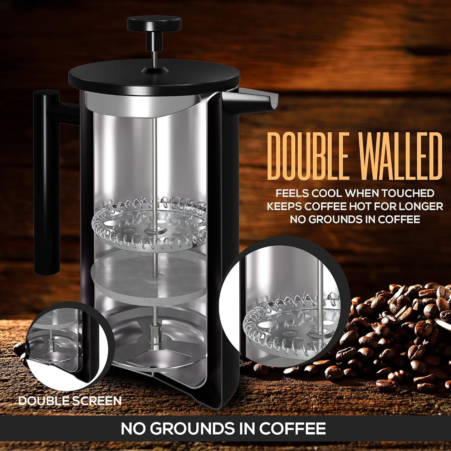 Cafetera prensa francesa acero inox 50oz doble pared 4 niveles negro