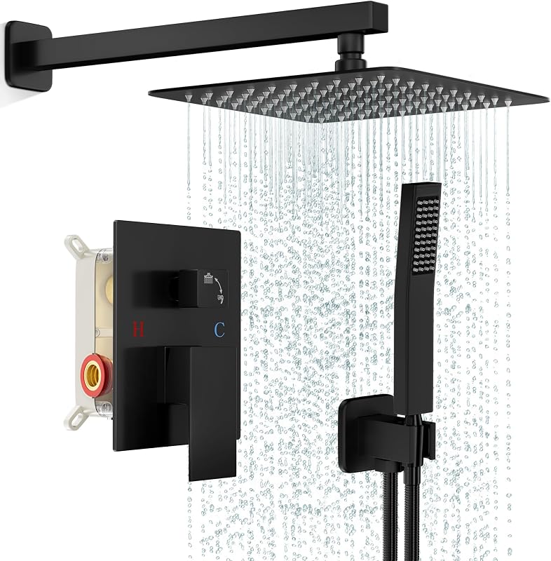 Set grifo ducha negro sistema lluvia cabezal cuadrado 8pulg