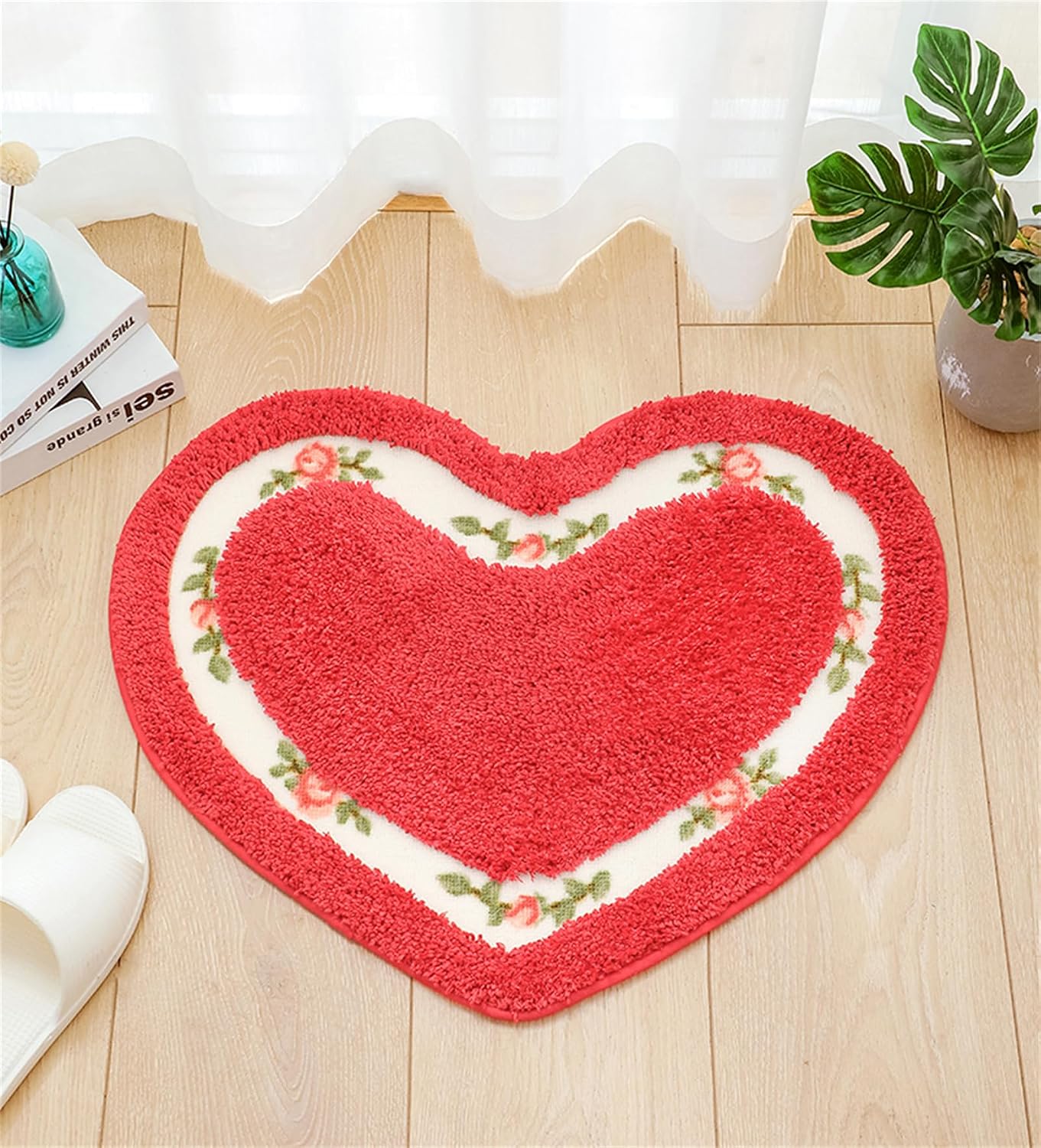 Alfombra ducha forma corazón absorbente 17.7x19.7pulg rojo