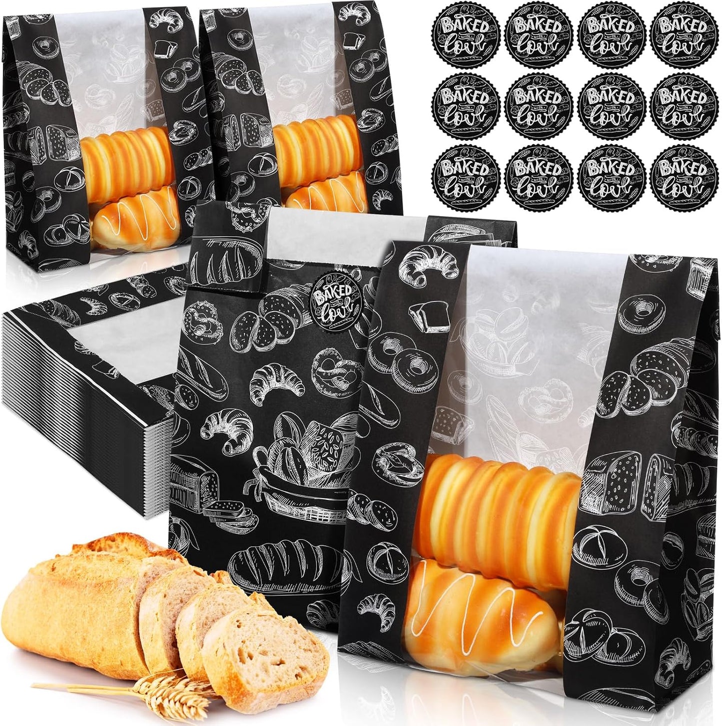 100 Bolsas Pan Kraft 14x8.3x3.5" Con Etiqueta Adhesiva Negro