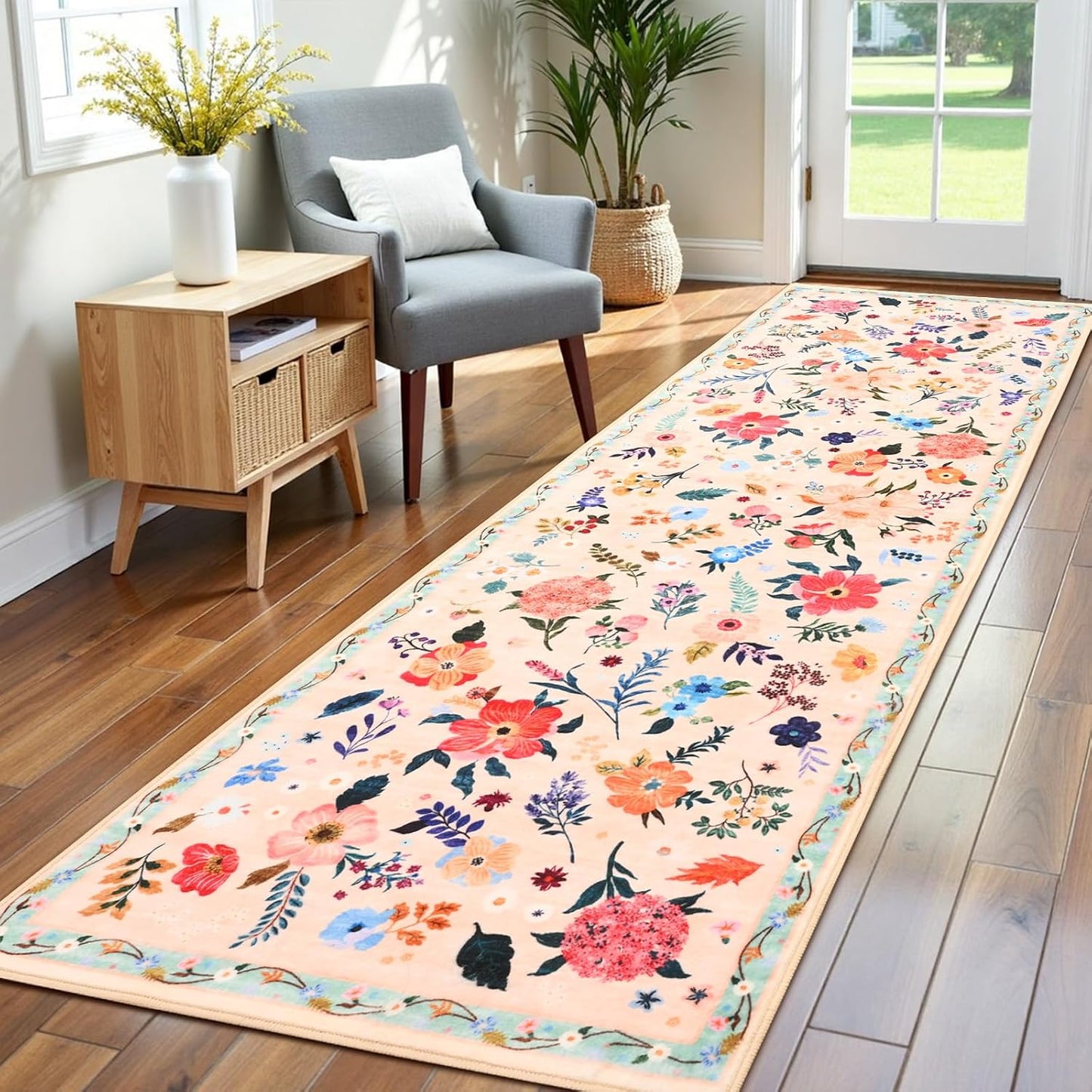 Alfombra pasillo 2'6''x8' beige floral antiderrap