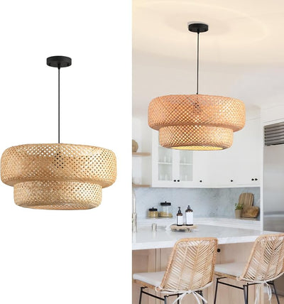 Lámpara colgante bambú 14pulg redonda cocina comedor