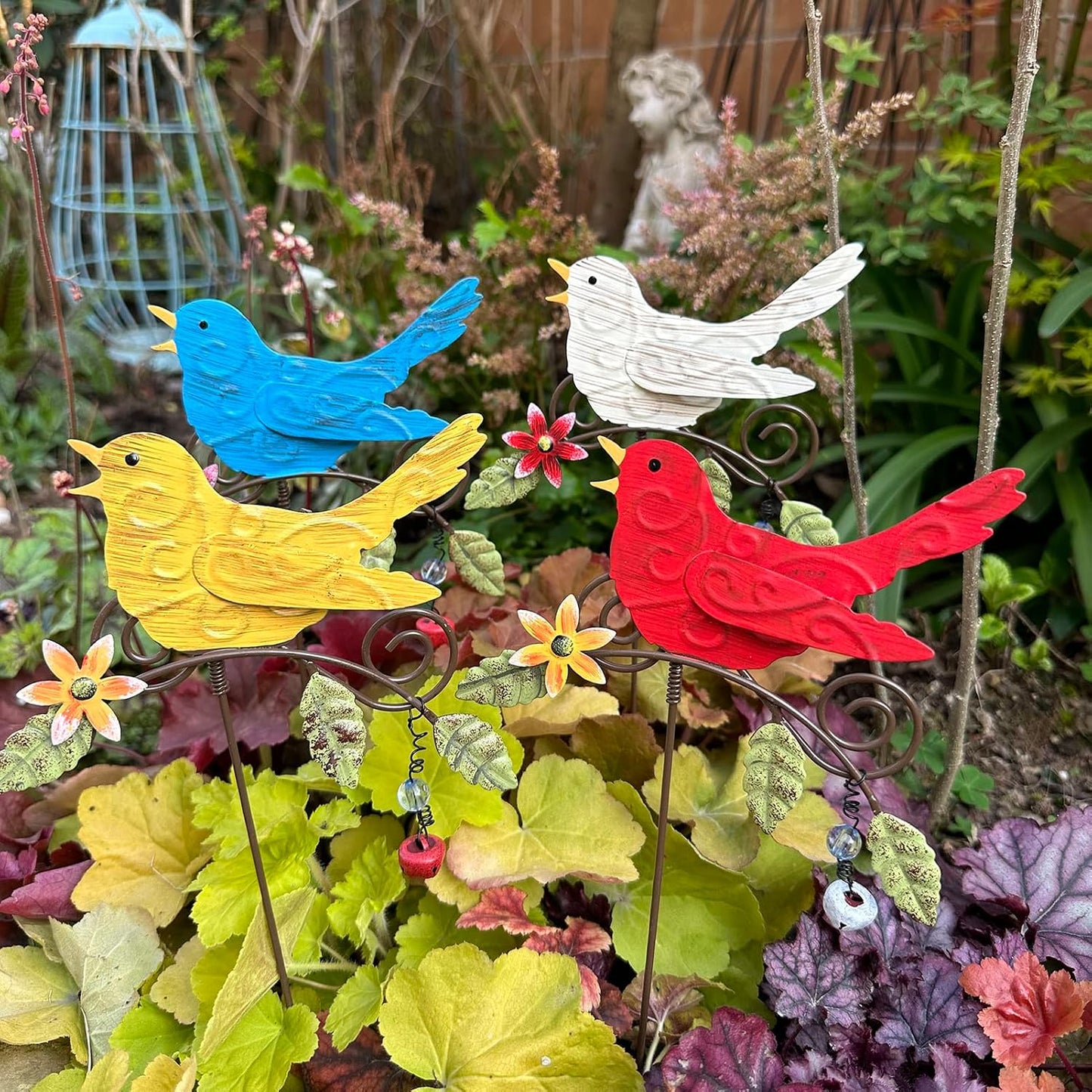 4 Estacas Pájaro Metal Decoración Jardín 36cm