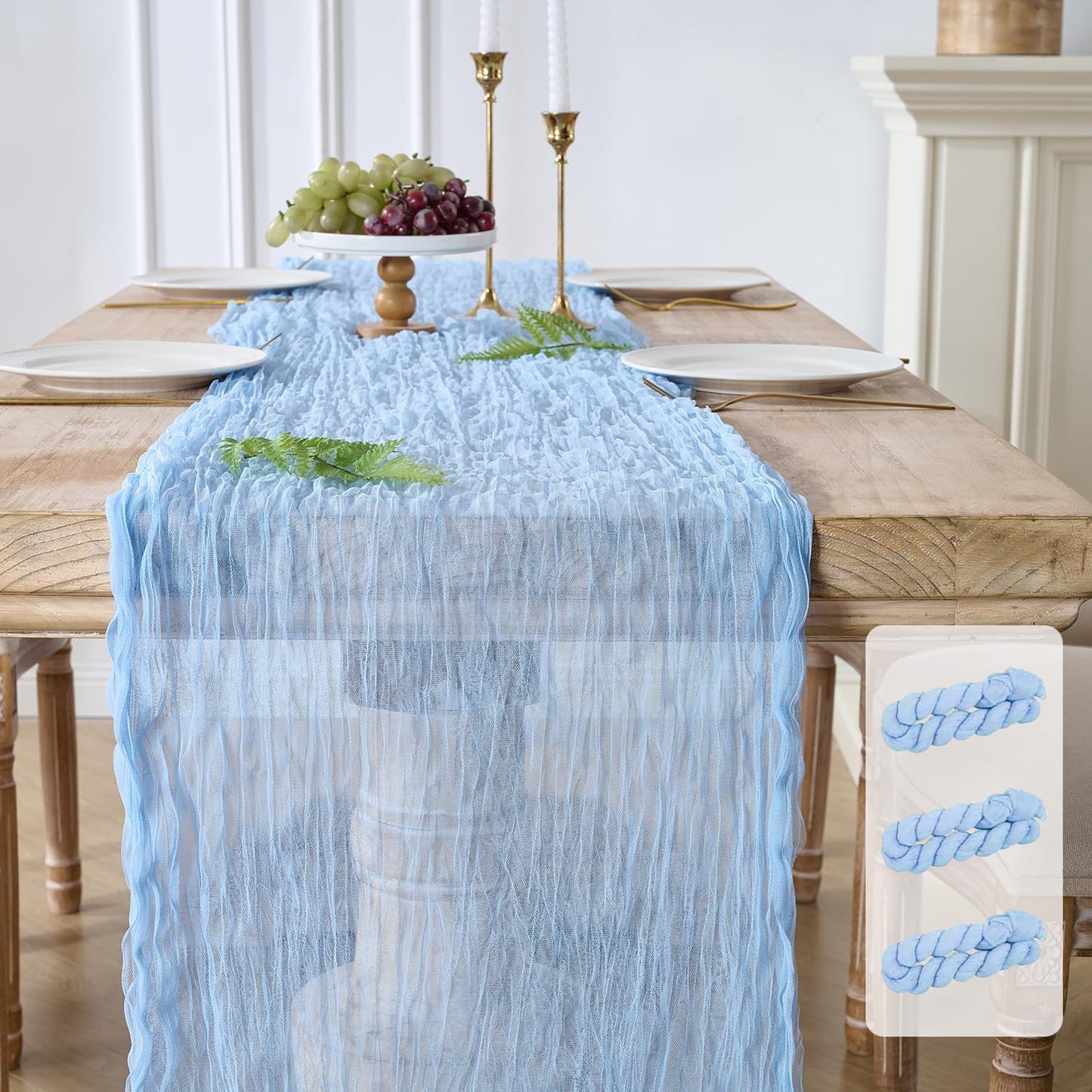 Paquete de 3 caminos de mesa de gasa azul bebé bohemio 120 pulgadas para boda fiesta