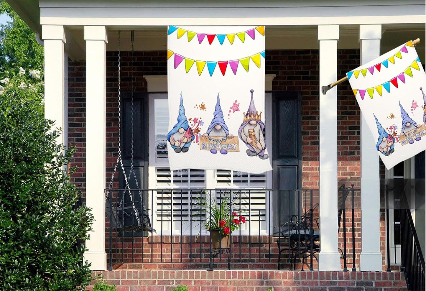 Bandera arpillera 28x40" doble cara cumpleaños gnomos