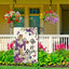 Bandera jardín primavera arpillera morada con mariposas