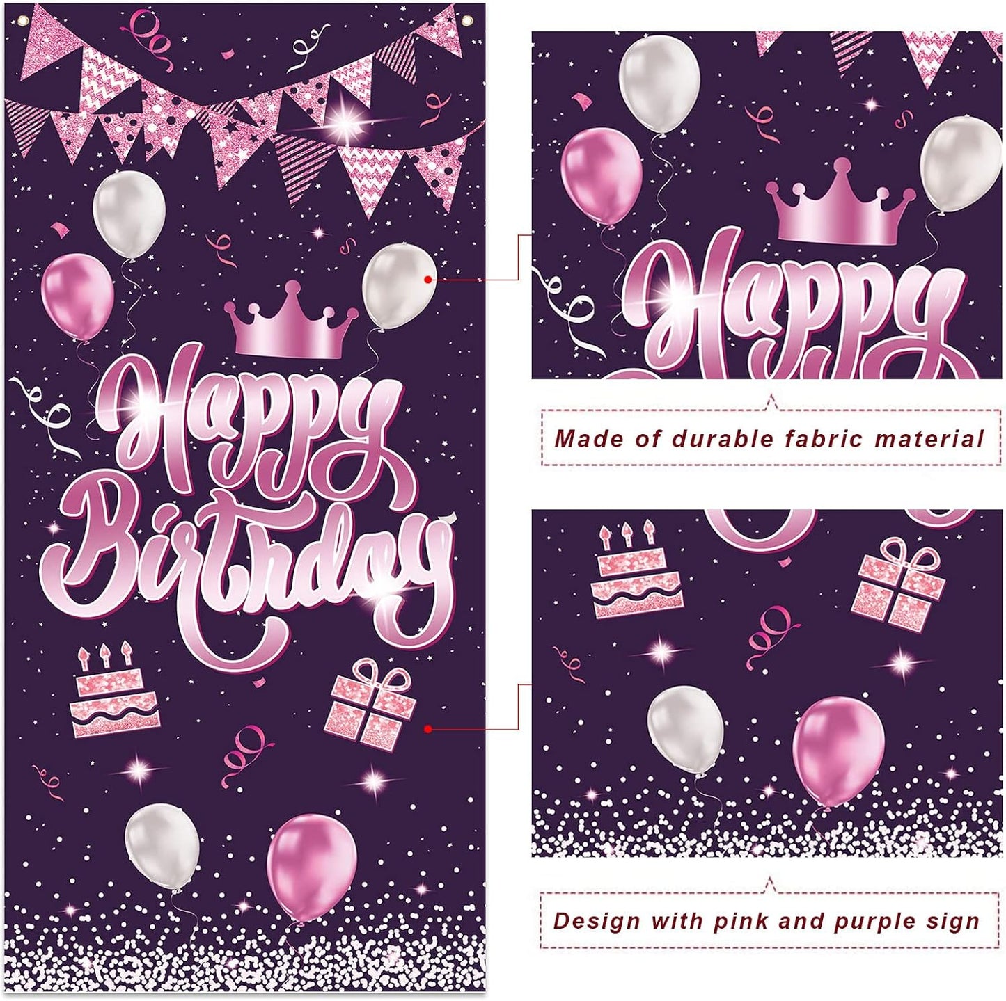 Cartel feliz cumpleaños rosa globos confeti puerta