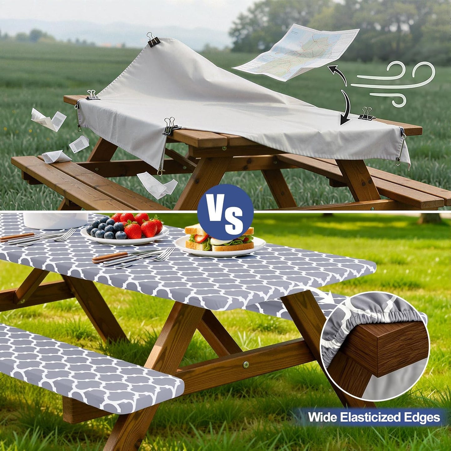 Set manteles picnic elásticos impermeables 8ft poliéster gris