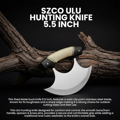 Cuchillo Ulu hoja creciente mango cuerno 5.5pulg funda negro/blanco