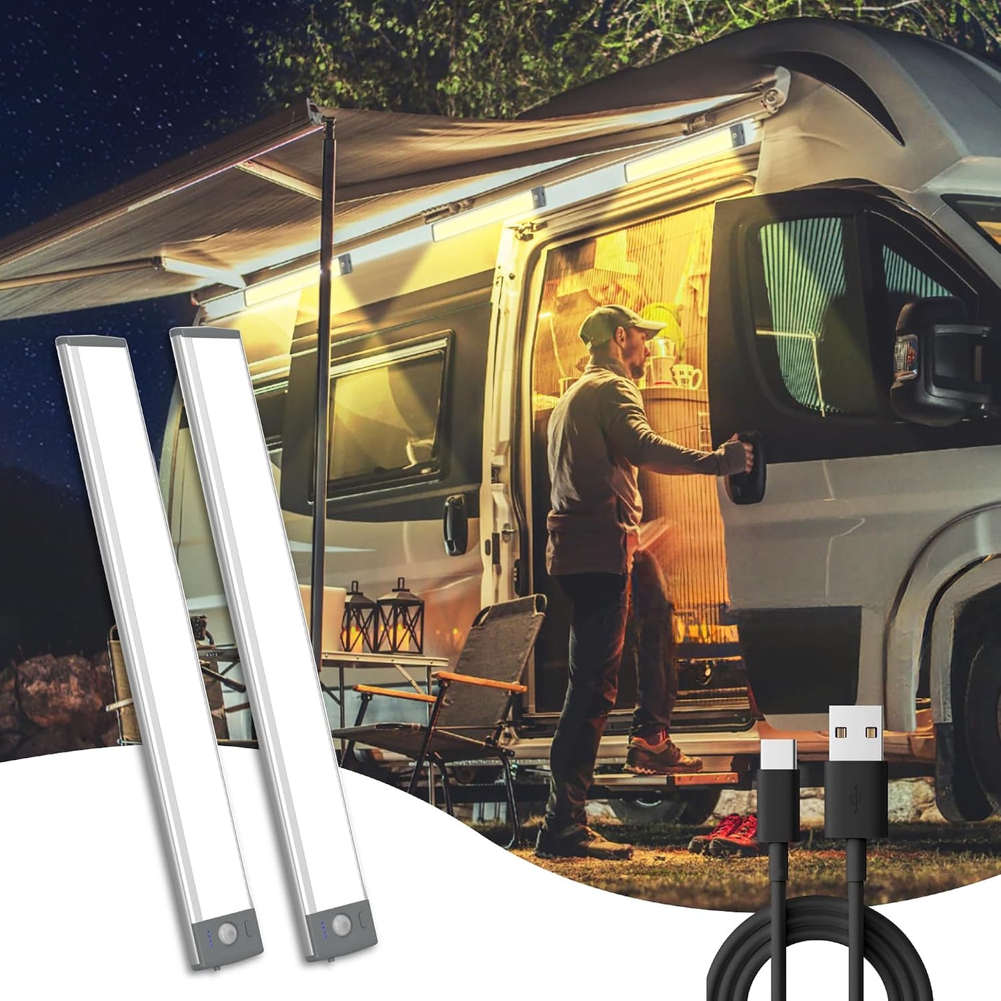 Luz porche RV LED recargable 14.4pulg 2PCS blanco