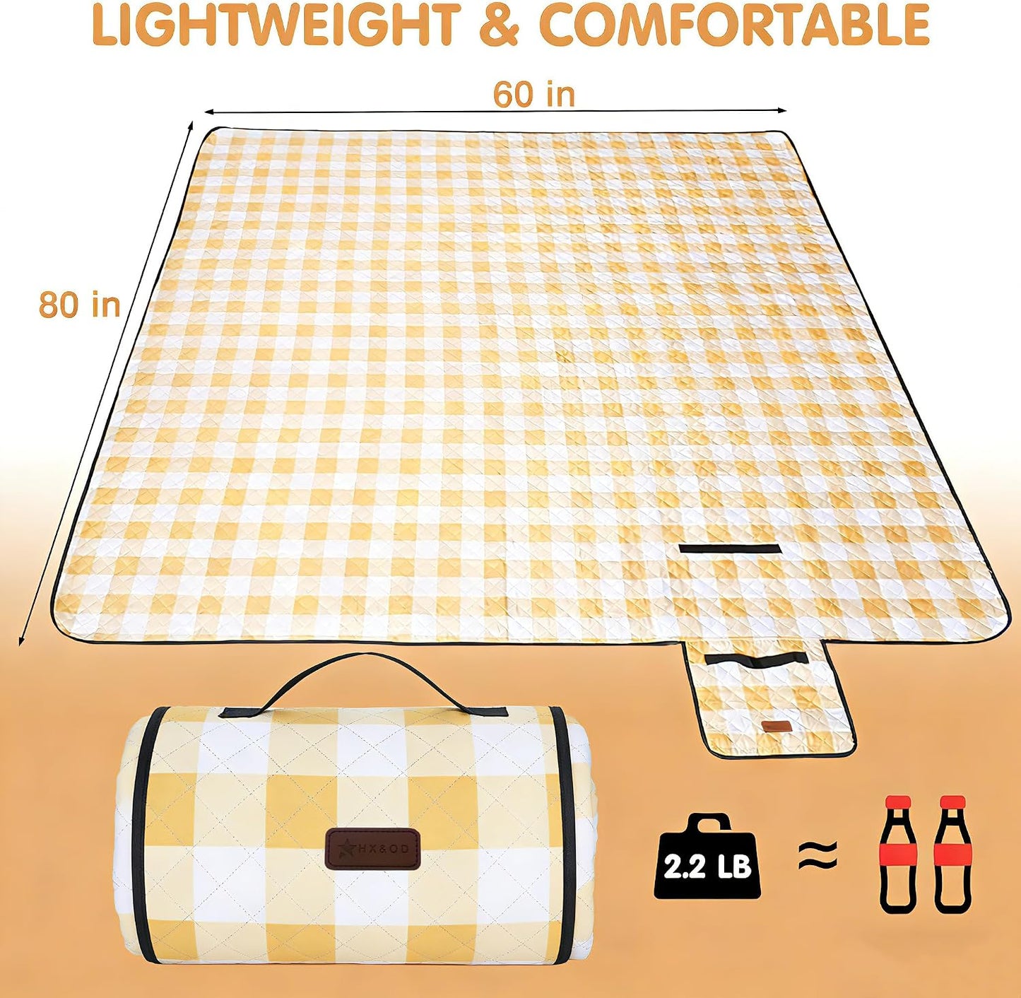 Manta Picnic Gingham Impermeable 80x60pulg para Playa Camping