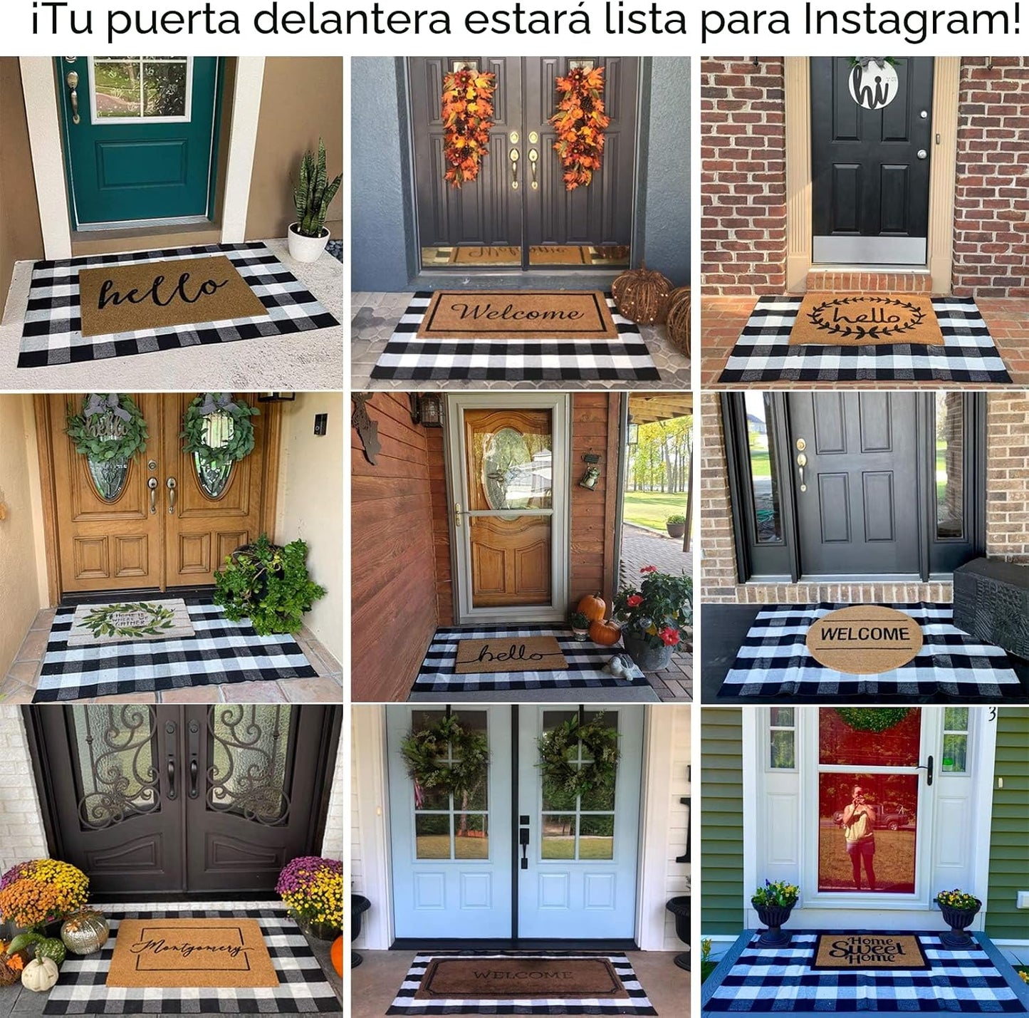 Alfombra puerta delantera 35.4x59 negra y blanca bienvenida