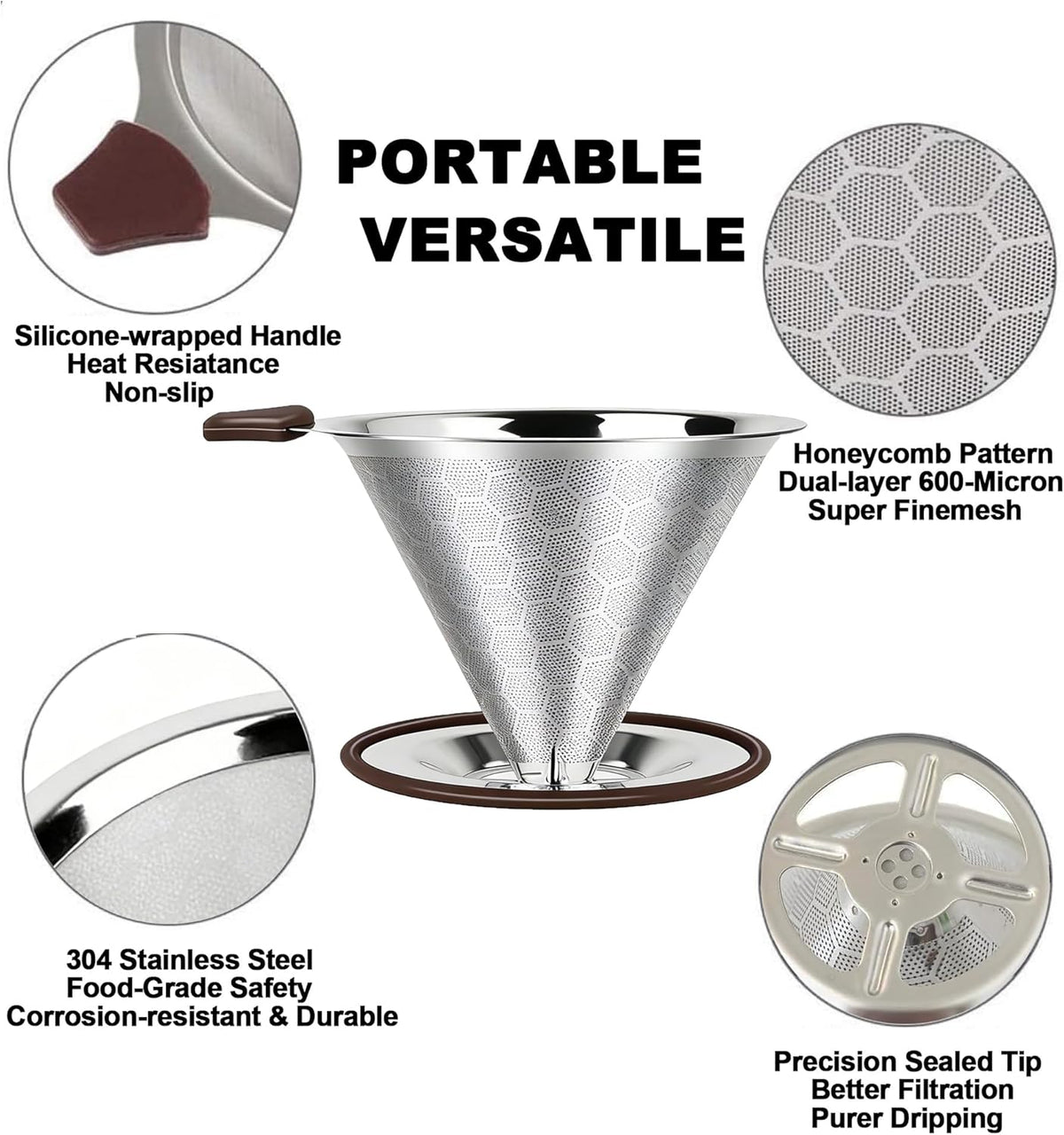 Gotero de café vertido de acero inoxidable sin papel reutilizable filtro doble cono malla 600 para 1 a 4 tazas