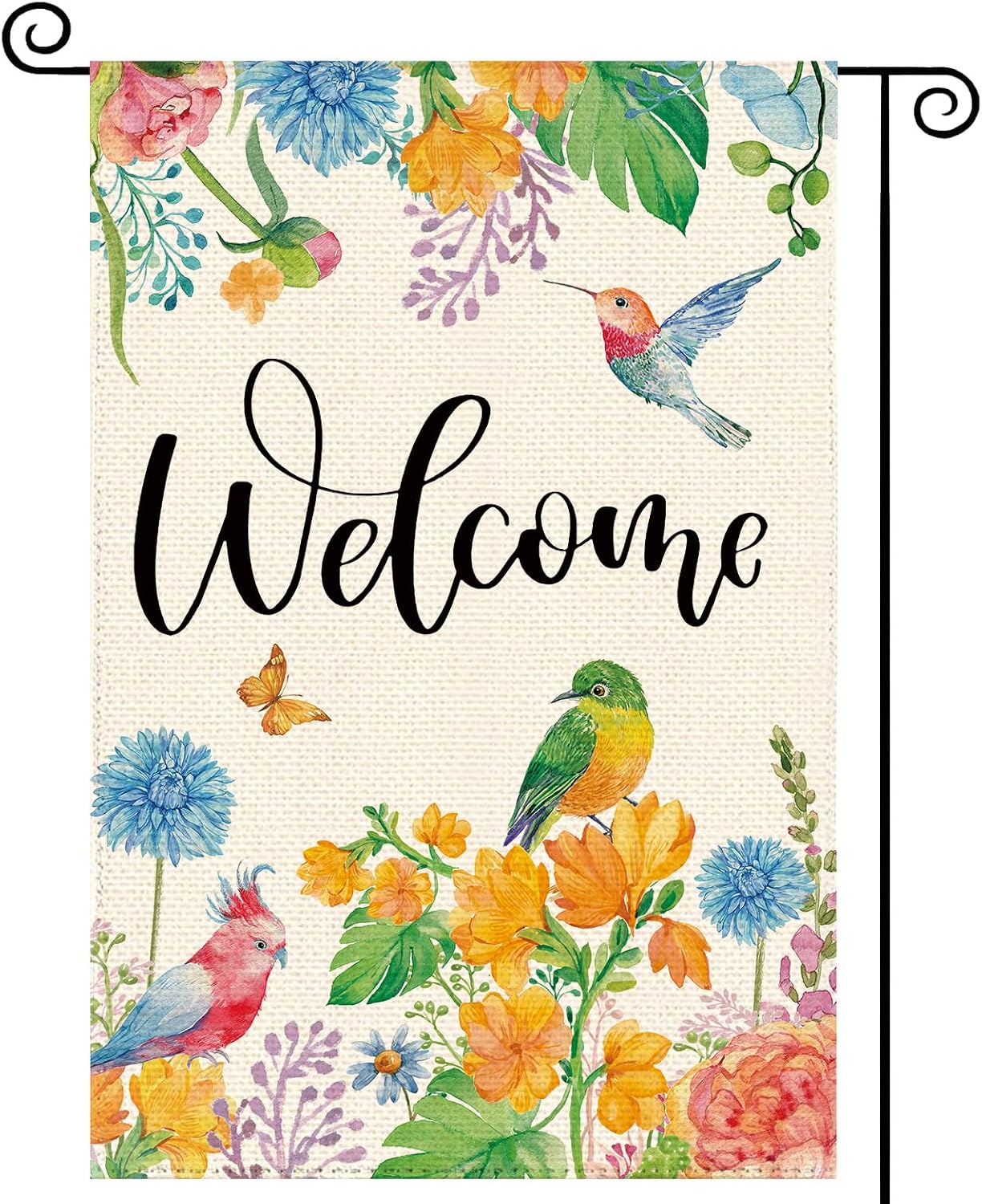 Bandera jardín loro colibrí 12x18pulg doble cara floral vintage