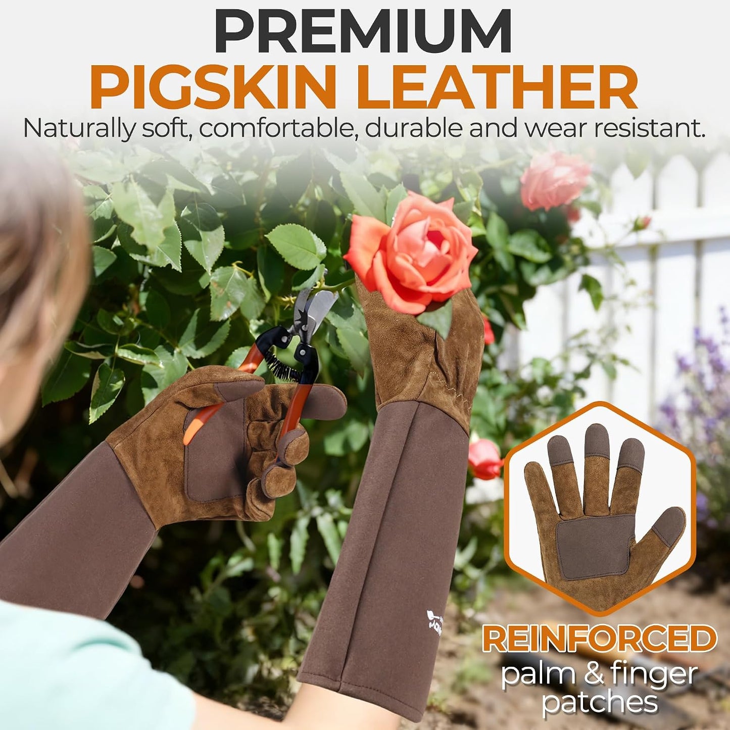 Guantes jardinería cuero vacuno transpirables manopla marrón