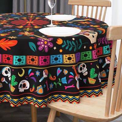 Mantel redondo 70pulg flores calavera fiesta Cinco de Mayo