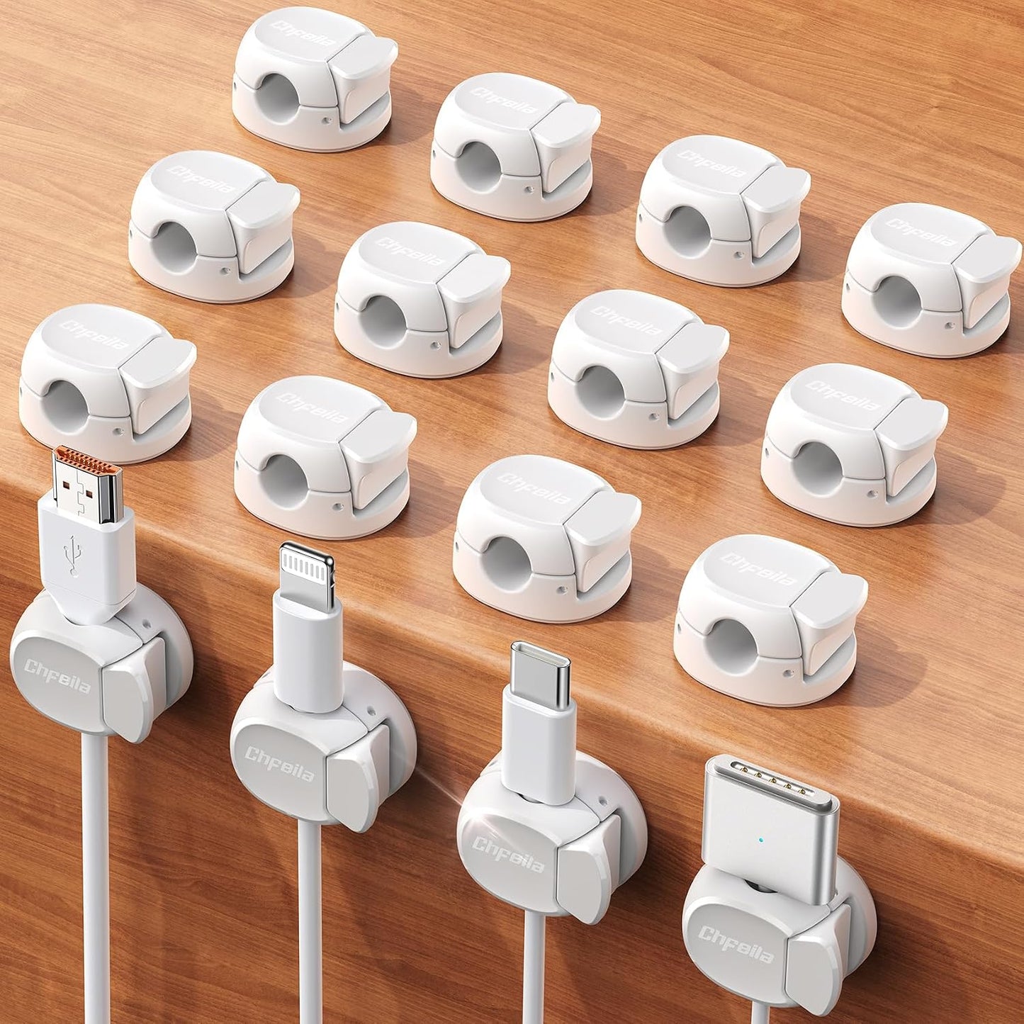 Pack 16 organizadores cables doble resorte adhesivo